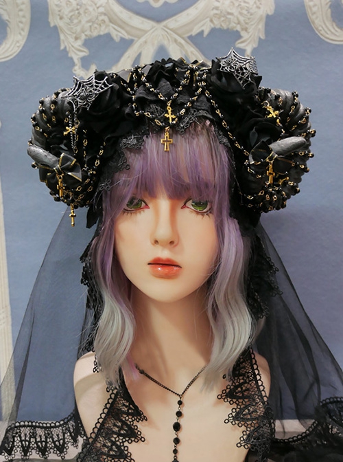 Spider Lair Series Rose Spider Web Halloween Cross Bead Chain Decoration Gothic Lolita Ornate Devil Horn Headband