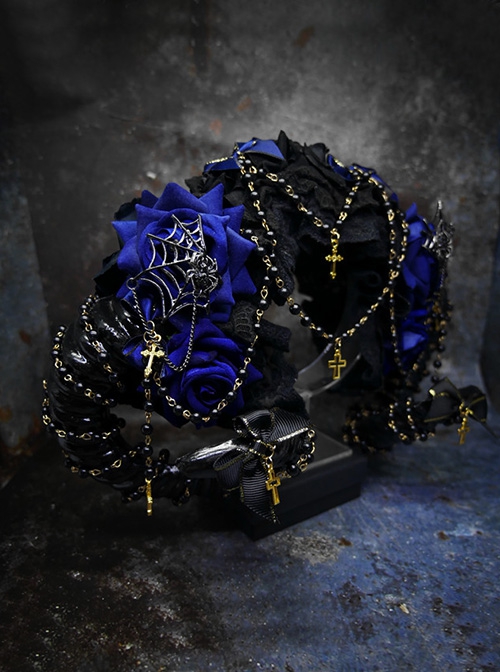 Spider Lair Series Rose Spider Web Halloween Cross Bead Chain Decoration Gothic Lolita Ornate Devil Horn Headband