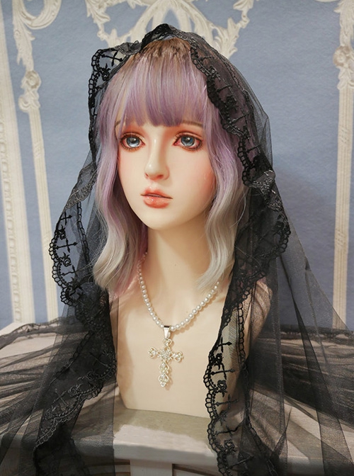 Gothic Lolita Black Halloween Cross Round Lace Veil