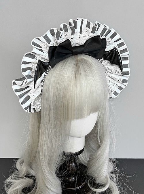 Maid Style Classic Lolita Halloween Black Bowknot Bat Wings Striped Lace Headband