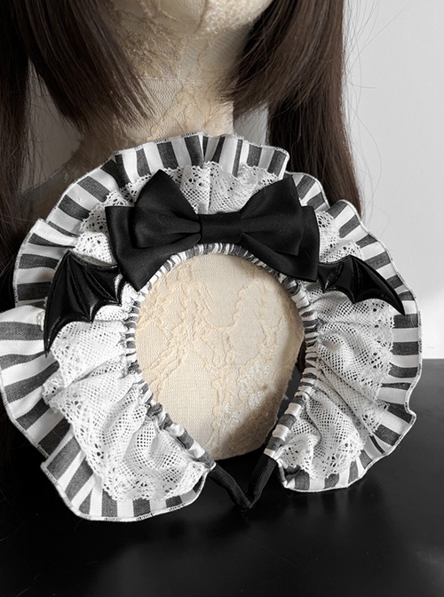 Maid Style Classic Lolita Halloween Black Bowknot Bat Wings Striped Lace Headband