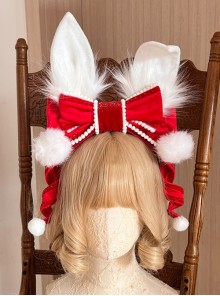 Christmas Red Velvet Bowknot White Fur Ball Rabbit Ears Cute Classic Lolita Headband