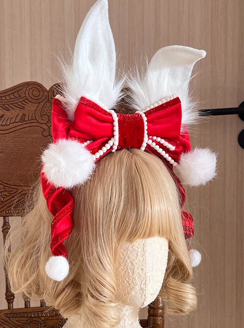 Christmas Red Velvet Bowknot White Fur Ball Rabbit Ears Cute Classic Lolita Headband