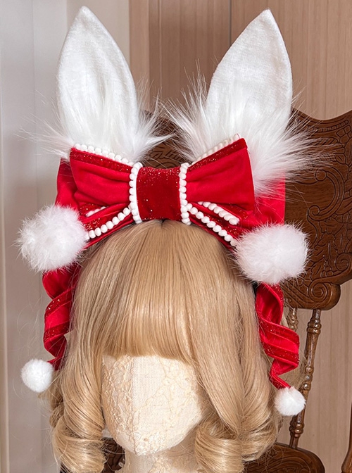 Christmas Red Velvet Bowknot White Fur Ball Rabbit Ears Cute Classic Lolita Headband