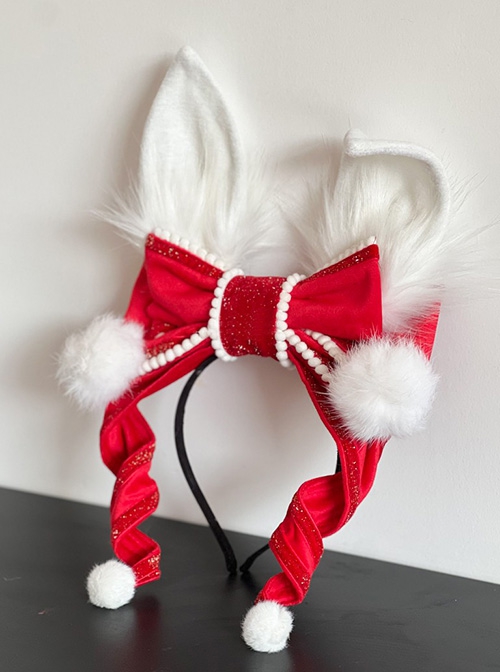 Christmas Red Velvet Bowknot White Fur Ball Rabbit Ears Cute Classic Lolita Headband