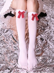 College Style Sweet Personality Red Striped Bow-Knot Thin Section White School Lolita Socks