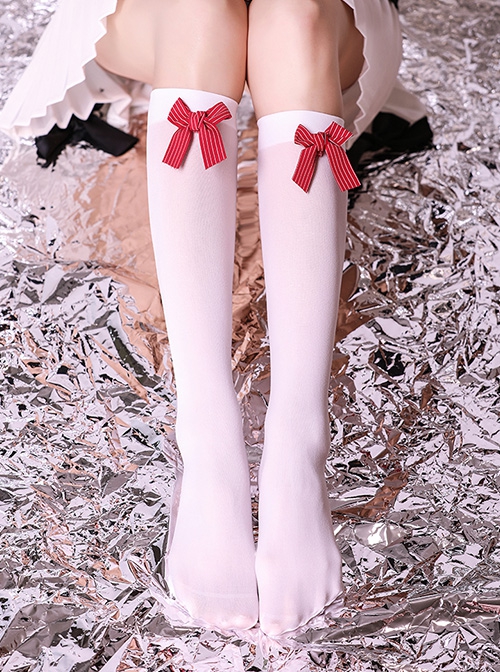 College Style Sweet Personality Red Striped Bow-Knot Thin Section White School Lolita Socks