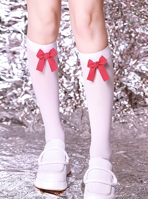 College Style Sweet Personality Red Striped Bow-Knot Thin Section White School Lolita Socks