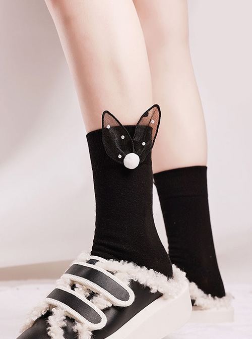 Black Three-Dimensional Plush Ball Rabbit Ears Cute All-Match Cotton Classic Lolita Socks