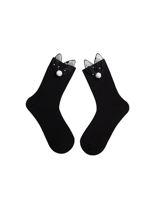 Black Three-Dimensional Plush Ball Rabbit Ears Cute All-Match Cotton Classic Lolita Socks