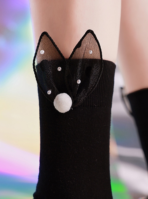 Black Three-Dimensional Plush Ball Rabbit Ears Cute All-Match Cotton Classic Lolita Socks