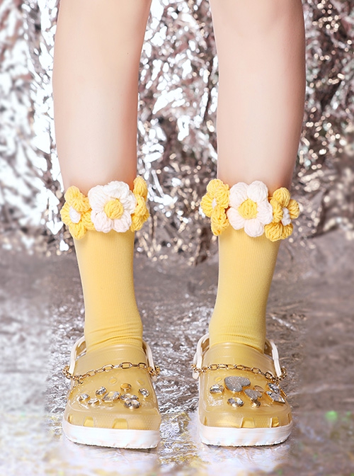 Yellow-White Woven Small Flower Decoration Sweet Preppy Style Retro Classic Lolita Socks