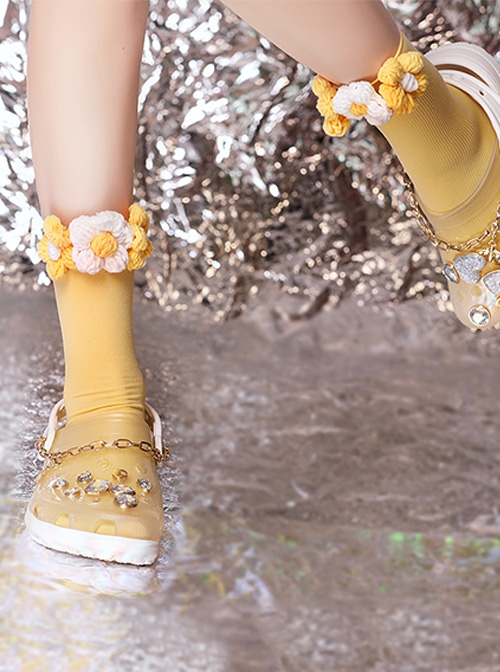 Yellow-White Woven Small Flower Decoration Sweet Preppy Style Retro Classic Lolita Socks