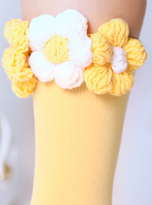 Yellow-White Woven Small Flower Decoration Sweet Preppy Style Retro Classic Lolita Socks