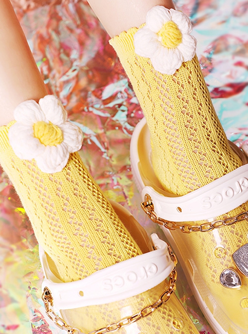 Retro Preppy Thin Section Hollow Woven White Small Flower Decoration Trendy Cool Classic Lolita Socks