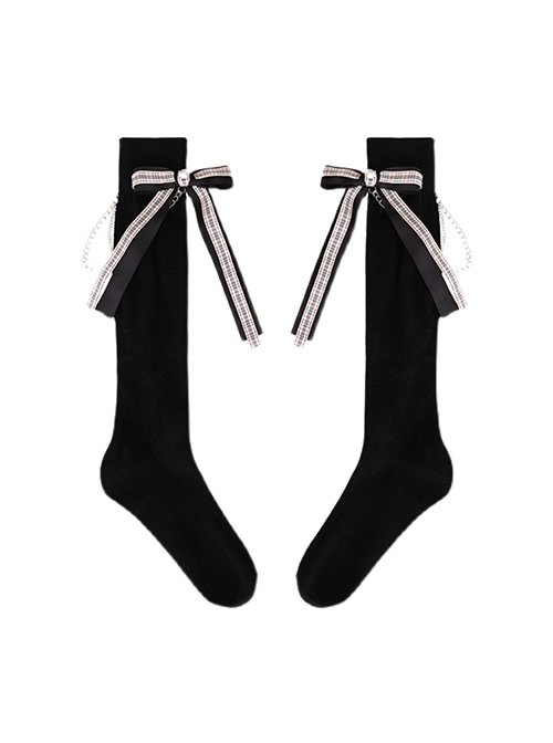 Plaid Bow-Knot Metal Chain Decoration Black School Style JK Personality Classic Lolita Socks