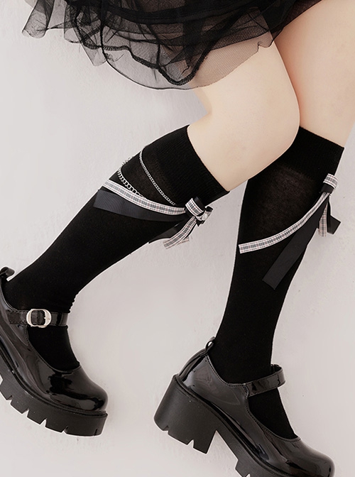 Plaid Bow-Knot Metal Chain Decoration Black School Style JK Personality Classic Lolita Socks