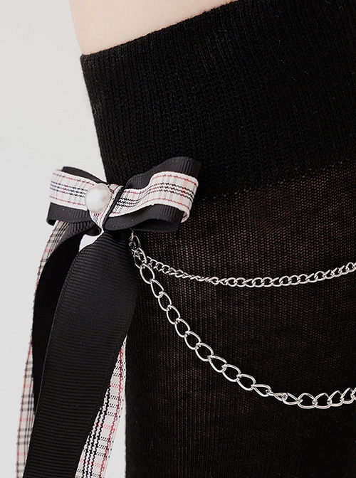 Plaid Bow-Knot Metal Chain Decoration Black School Style JK Personality Classic Lolita Socks