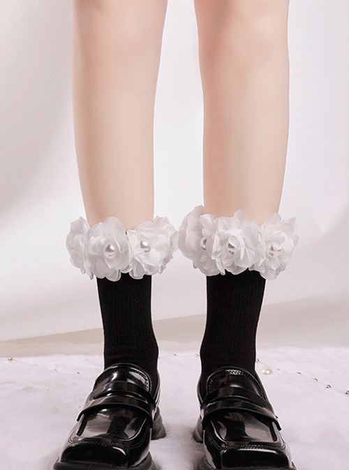 Three-Dimensional White Small Flower Pearl Design Sweet Personality Trendy Cool Spring Classic Lolita Socks