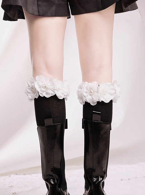 Sweet-Cool Personality All-Match Three-Dimensional White Pearl Small Flower Design Classic Lolita Mid-Tube Socks