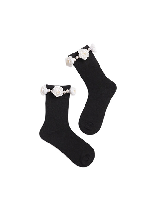 Small White Flower Pearl Decoration Black Personality All-Match Cotton Classic Lolita Socks