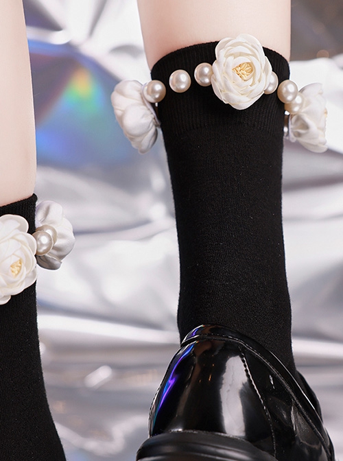 Small White Flower Pearl Decoration Black Personality All-Match Cotton Classic Lolita Socks