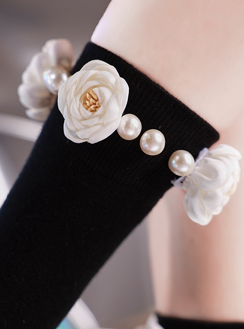 Small White Flower Pearl Decoration Black Personality All-Match Cotton Classic Lolita Socks