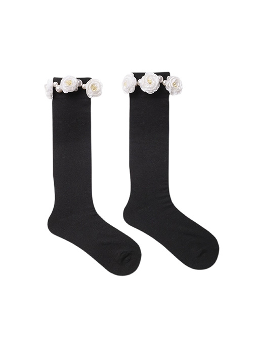 Black-White Solid Color Sweet Cool Pearl Rose All-Match Spring Sweet Classic Lolita Mid-Tube Socks