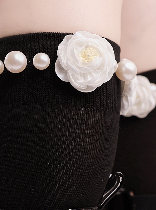 Black-White Solid Color Sweet Cool Pearl Rose All-Match Spring Sweet Classic Lolita Mid-Tube Socks