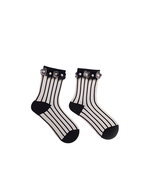 Weave Black Gray Contrasting Color Small Flower Pearl Decoration Stripes Are Sweet Versatile Classic Lolita Socks