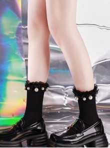 Black Lace Simple Solid Color Personality Pure Cotton Pearl Decoration Classic Lolita Socks