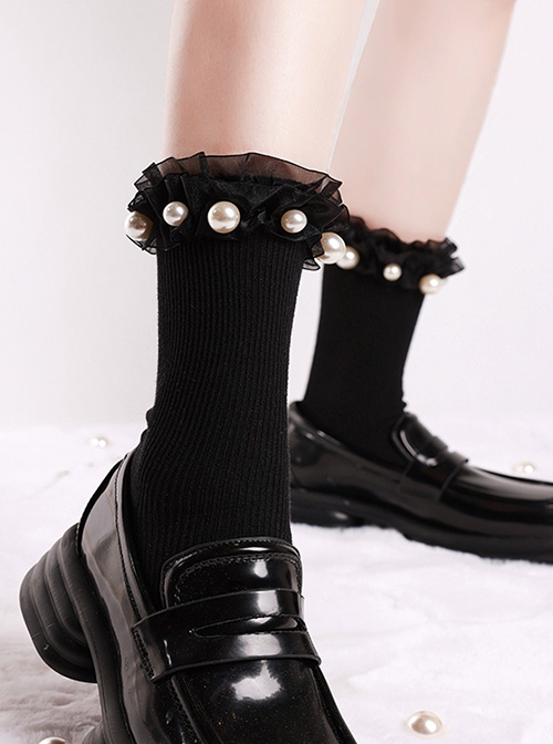 Black Lace Simple Solid Color Personality Pure Cotton Pearl Decoration Classic Lolita Socks