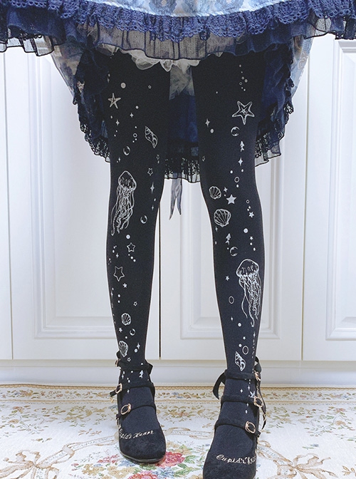 Sea Moon Jellyfish Series Velvet Spring Autumn Jellyfish Shell Print Classic Lolita Pantyhose