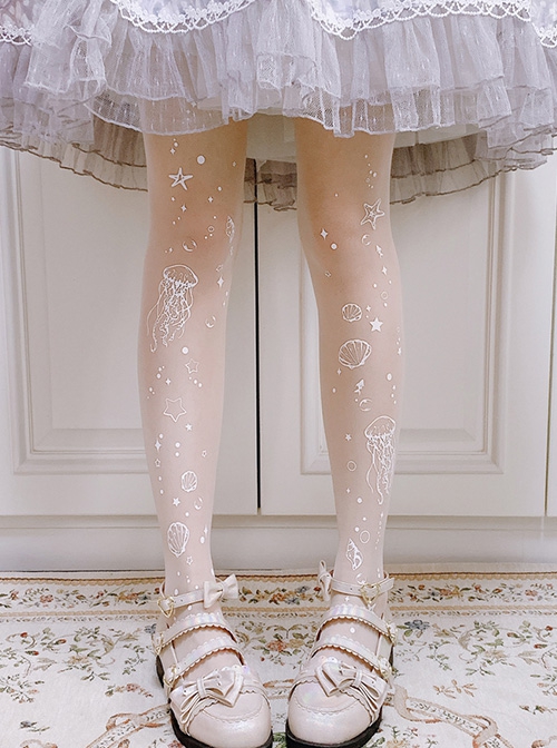 Sea Moon Jellyfish Series Summer Ultra-Thin White Jellyfish Print Classic Lolita Pantyhose