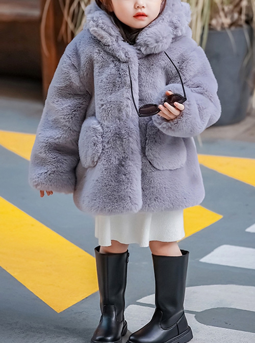 Rich Family'S Daughter Series Solid Color Winter Warm Thick Plush Kids Long-Sleeved Hooded Coat