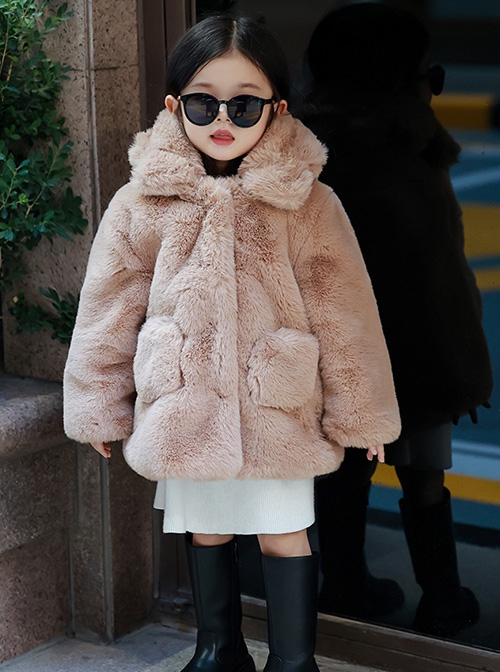 Rich Family'S Daughter Series Solid Color Winter Warm Thick Plush Kids Long-Sleeved Hooded Coat