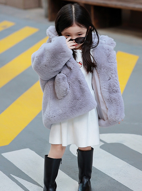 Rich Family'S Daughter Series Solid Color Winter Warm Thick Plush Kids Long-Sleeved Hooded Coat