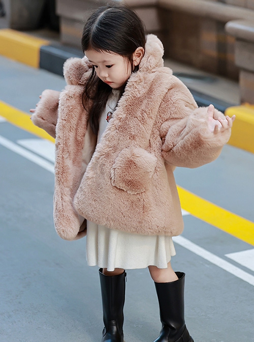 Rich Family'S Daughter Series Solid Color Winter Warm Thick Plush Kids Long-Sleeved Hooded Coat