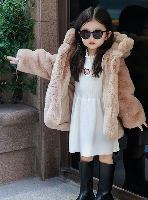 Rich Family'S Daughter Series Solid Color Winter Warm Thick Plush Kids Long-Sleeved Hooded Coat