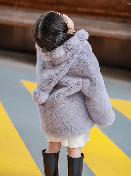 Rich Family'S Daughter Series Solid Color Winter Warm Thick Plush Kids Long-Sleeved Hooded Coat