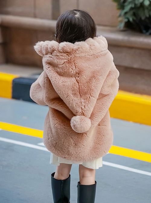 Rich Family'S Daughter Series Solid Color Winter Warm Thick Plush Kids Long-Sleeved Hooded Coat