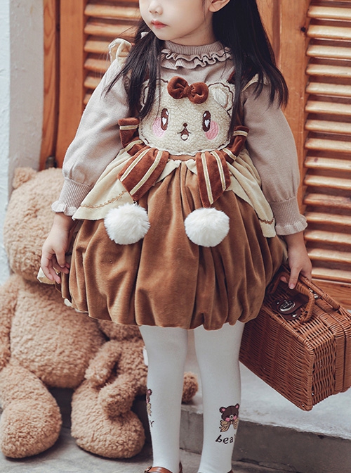 Little Bear Coco Series Autumn Winter Warm Caramel Color Little Bear Embroidered Pom Ball Decoration Sweet Lolita Kids Sleeveless Dress