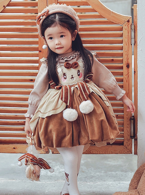 Little Bear Coco Series Autumn Winter Warm Caramel Color Little Bear Embroidered Pom Ball Decoration Sweet Lolita Kids Sleeveless Dress