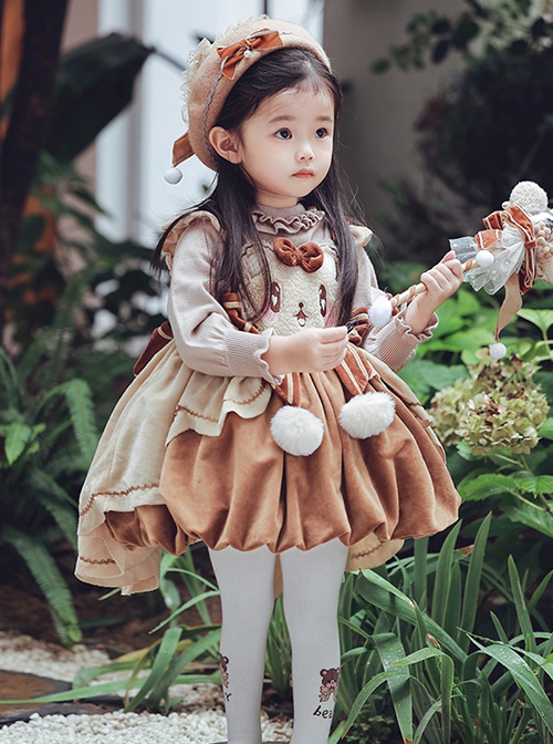 Little Bear Coco Series Autumn Winter Warm Caramel Color Little Bear Embroidered Pom Ball Decoration Sweet Lolita Kids Sleeveless Dress