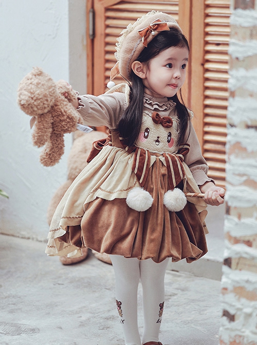 Little Bear Coco Series Autumn Winter Warm Caramel Color Little Bear Embroidered Pom Ball Decoration Sweet Lolita Kids Sleeveless Dress