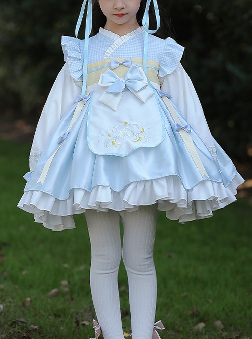 Chinoiserie Blue Plaid Cross Neck Embroidered Bowknot Decorated Ruffle Hem Classic Lolita Kids Long Sleeve Dress