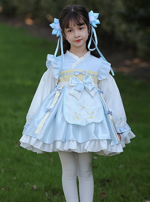 Chinoiserie Blue Plaid Cross Neck Embroidered Bowknot Decorated Ruffle Hem Classic Lolita Kids Long Sleeve Dress