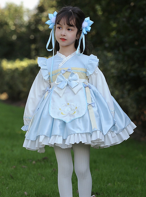 Chinoiserie Blue Plaid Cross Neck Embroidered Bowknot Decorated Ruffle Hem Classic Lolita Kids Long Sleeve Dress