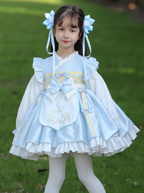 Chinoiserie Blue Plaid Cross Neck Embroidered Bowknot Decorated Ruffle Hem Classic Lolita Kids Long Sleeve Dress