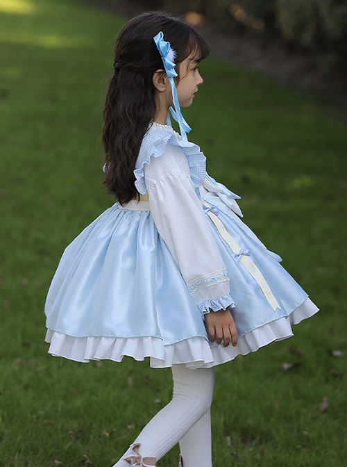 Chinoiserie Blue Plaid Cross Neck Embroidered Bowknot Decorated Ruffle Hem Classic Lolita Kids Long Sleeve Dress